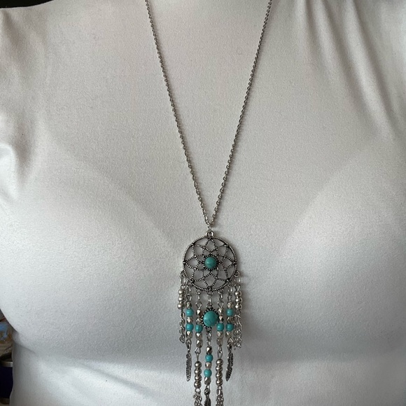 Silver tone and turquoise long necklace. Dream catcher motif. - Picture 6 of 10